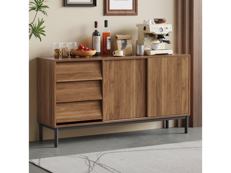 Buffet de cuisine 3 tiroirs et 2 portes coulissantes - lpospi - rangement sécurisé mdf naturel 150 × 40 × 80 cm - Conforama C