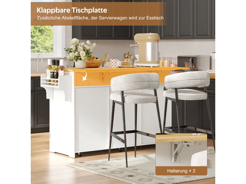  Îlot de cuisine mobile avec plan rabattable et prises - lpospi - 3 tiroirs, roulettes verrouillables, mdf blanc naturel  - Conforama E