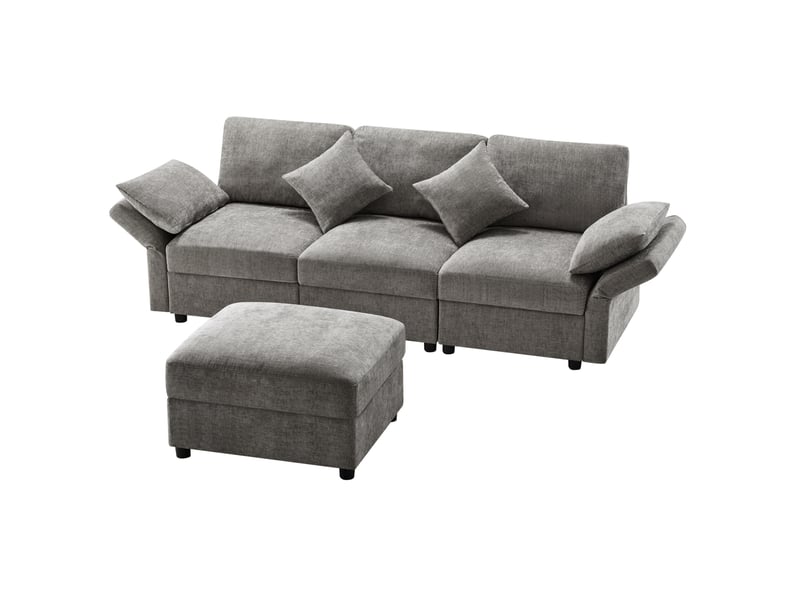 Canapé d’angle 4 places gris en velours côtelé, pouf mobile et accoudoirs réglables pour votre salon - Conforama A