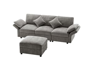 Canapé d’angle 4 places gris en velours côtelé, pouf mobile et accoudoirs réglables pour votre salon