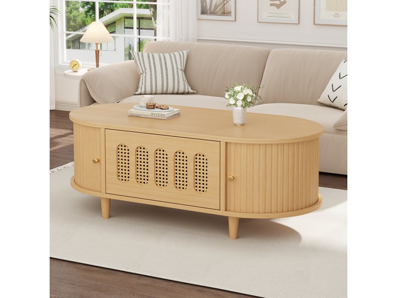 Table basse 100x50x40 cm, rangement avec 1 tiroir et 2 portes coulissantes, motif rotin, mdf, décor bois naturel  - Conforama C