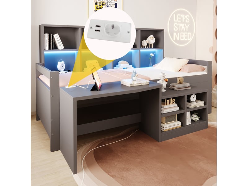  Lit simple enfant 90x200 cm – gris – bureau multifonction, rangements, led et prises usb – sans matelas  - Conforama B