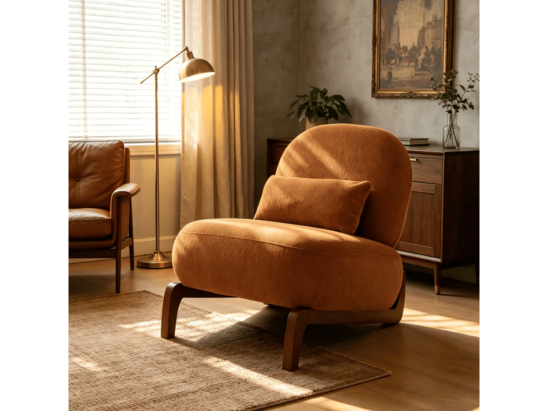  Fauteuil sans accoudoirs avec coussin et dossier arrondi pour salon et chambre, en velours, pieds en bois, caramel  - Conforama B