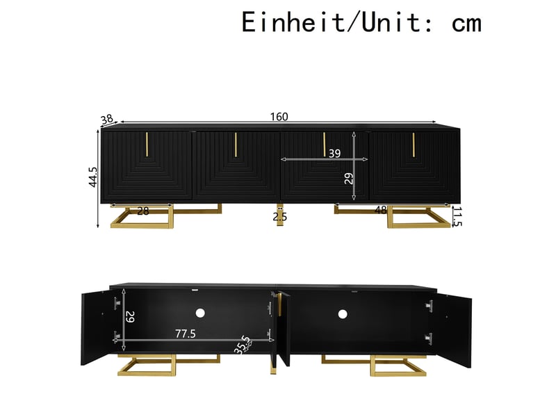  Meuble tv noir 160 cm avec portes texturées et pieds dorés  - Conforama C