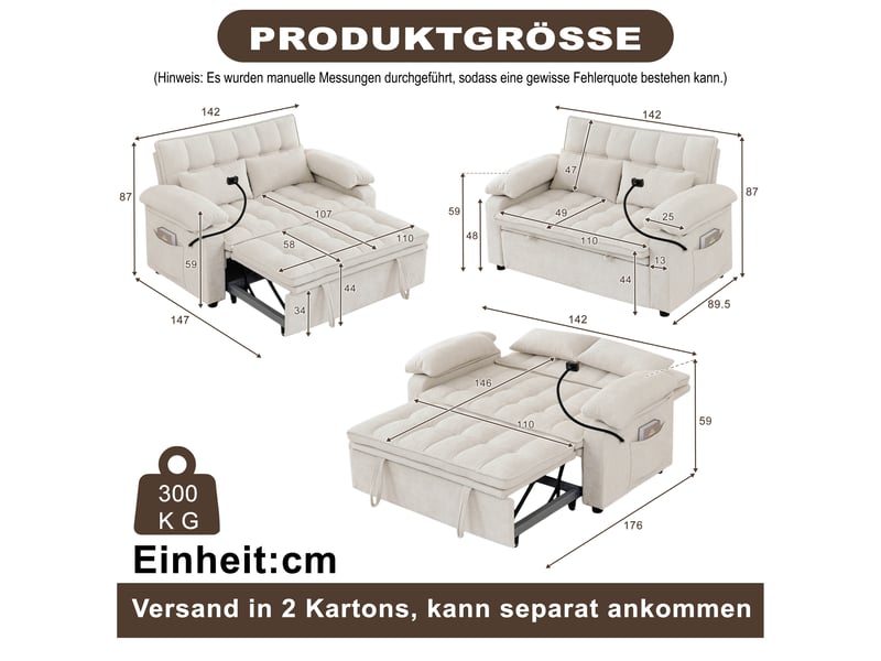  Canapé convertible 3-en-1 142 x 90 x 87 cm avec assise moelleuse, 2 coussins lombaires, tablette et porte-gobelet, chenille, beige OMNIGLINT TRADING LTD - Conforama D