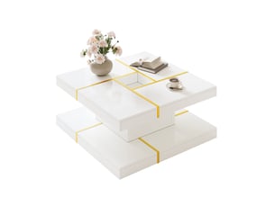 Table basse avec 2 niveaux et découpe centrale, style minimaliste, en panneau de particules blanc, 80 × 80 × 38 cm
