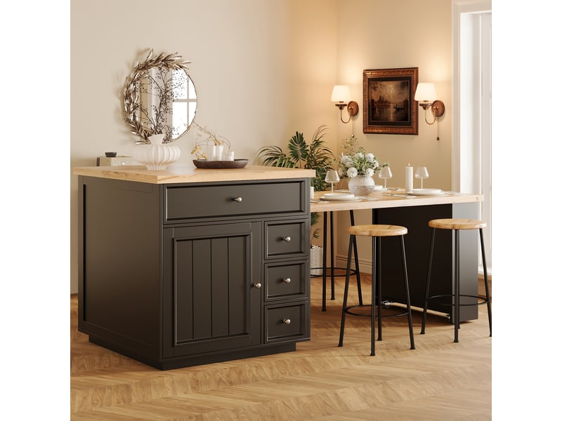 Îlot de cuisine extensible 120-184 cm, desserte à roulettes noire avec plateau aspect bois et tiroirs de rangement, mdf et métal. - Conforama W
