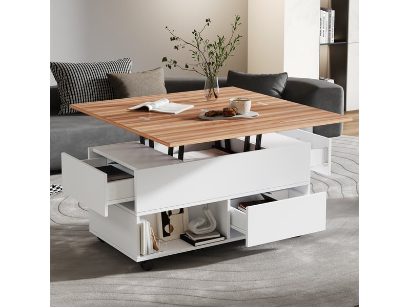  Table basse avec roulettes 100x50x52 cm, plateau relevable et extensible, 4 tiroirs, salon, aggloméré, blanc et chêne  - Conforama B