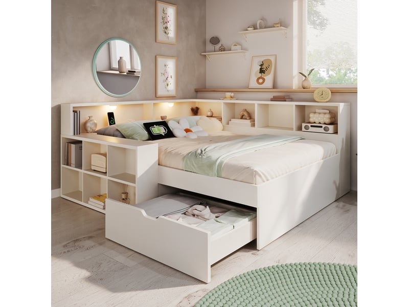  Lit coffre 140 × 190 cm 2 places avec tiroirs, étagères, usb, type-c et lampes de lecture, sans matelas, blanc  - Conforama C