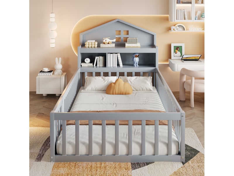 Lit enfant 90 x 200 cm en bois gris avec rangements, barrière, porte et sommier à lattes - Conforama E