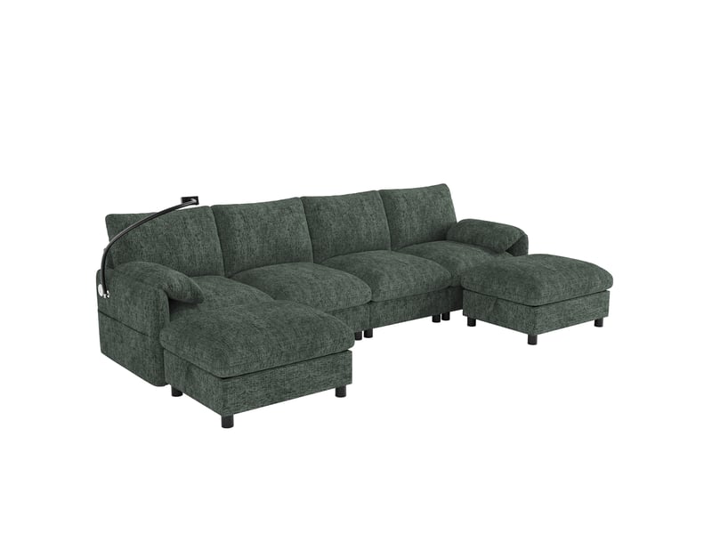  Canapé d'angle modulable 6 places avec 2 poufs de rangement en chenille verte  - Conforama A