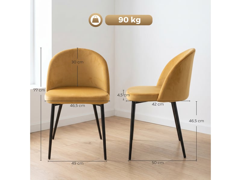  Lot de 2 chaises salle à manger chaise de cuisine scandinave chaise en velours rembourrée avec pieds effilés en métal, pour salon, jaune, salle à manger  - Conforama C