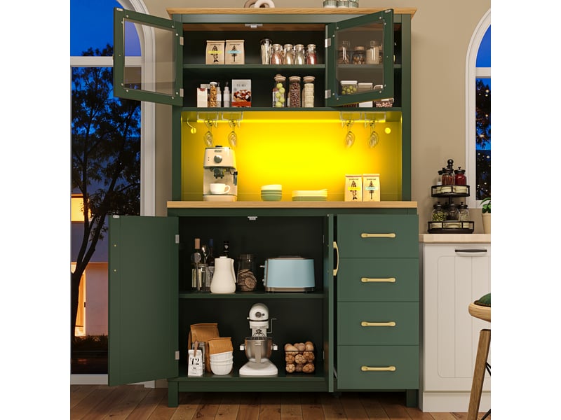  Meuble de cuisine muvano, buffet haut de cuisine vert avec 4 portes et éclairage led  - Conforama D