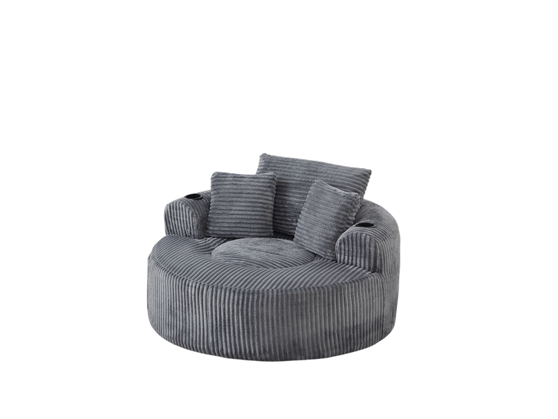  Canapé lounge rond 1 place 142.00×142.00×85.00 cm en velours côtelé avec porte-gobelets et rangements latéraux gris chicfurn  - Conforama A