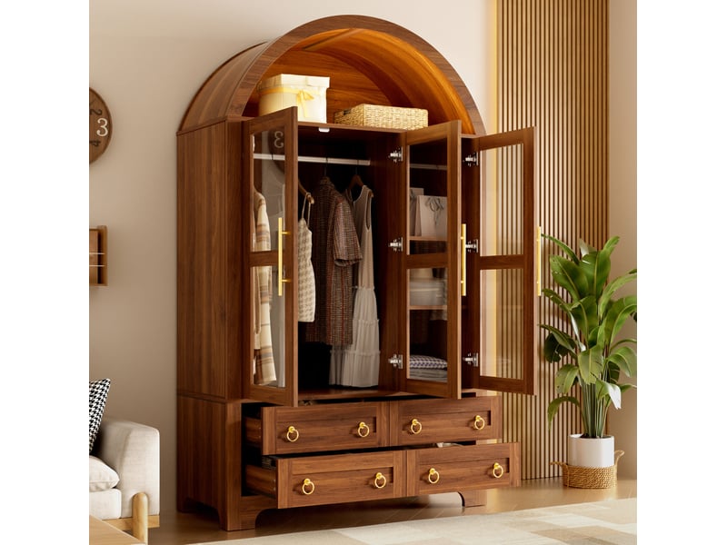  Armoire 3 portes vitrées et 4 tiroirs avec led 110x50x186 cm coloris noyer  - Conforama W