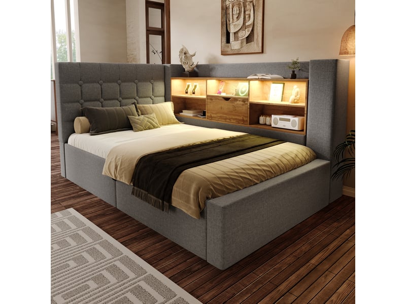  Modenvie lit coffre 90x200 cm - led, ports usb et usb-c, tete de lit en l, sans matelas - gris  - Conforama E