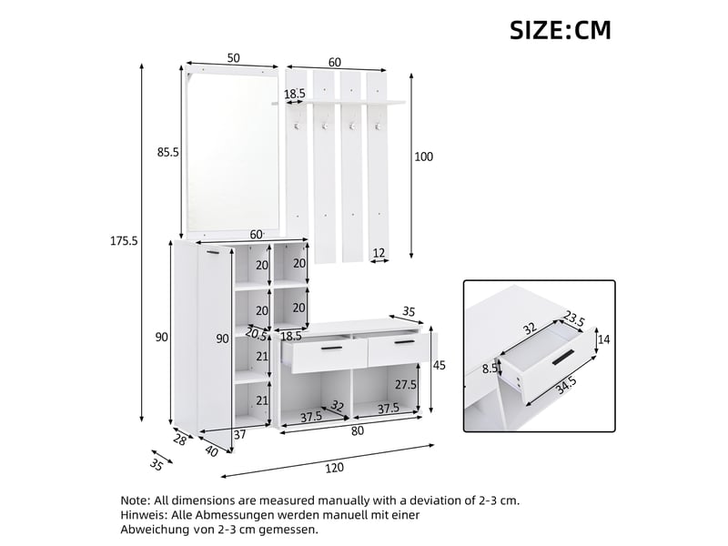  Meuble d’entrée blanc en mdf avec miroir et rangement chaussures, 2 tiroirs, 4 patères, 10 compartiments, 120 x 35 x 175,5 cm  - Conforama C