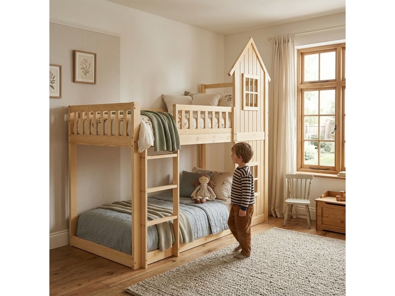  Lit superposé cabane 90 x 200 cm avec fenêtres et escalier à trois marches, garde-corps, structure en bois, bois, couleur bois Morn Vibe - Conforama B
