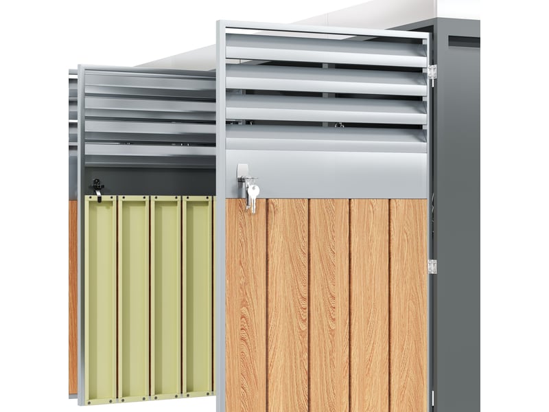  Abri pour poubelles extérieur 4 portes en acier galvanisé gris effet bois clair avec bac à plantes verrouillable  - Conforama D