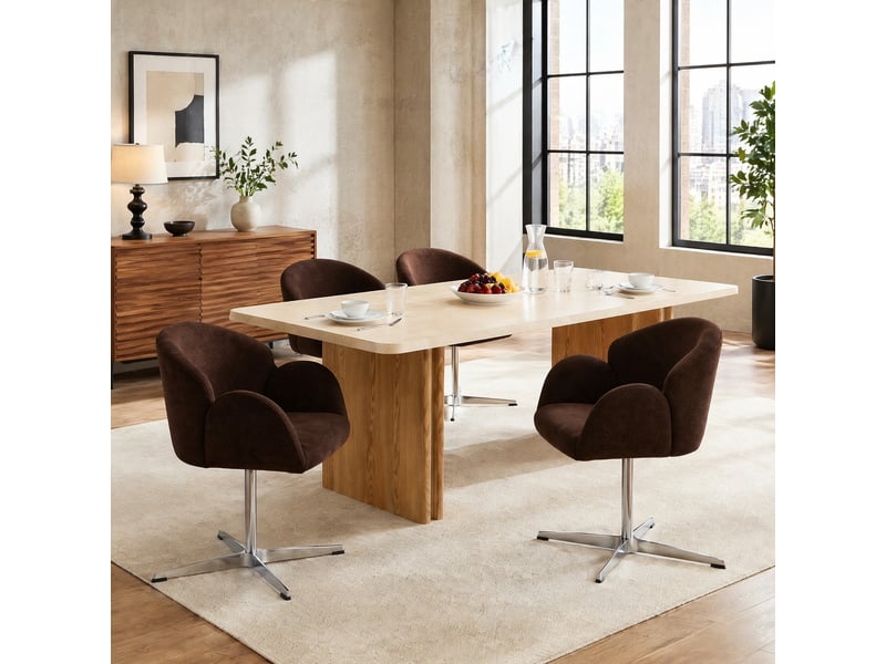  Chaise pivotante à 360° rembourrée en tissu brun et acier inoxydable poli  - Conforama D