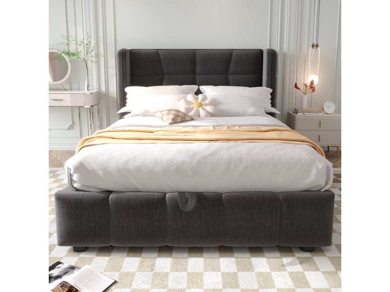  Lit coffre enfant simple 90×200 cm avec tête de lit, sans matelas - okmyhome- tissu gris, structure métal  - Conforama C