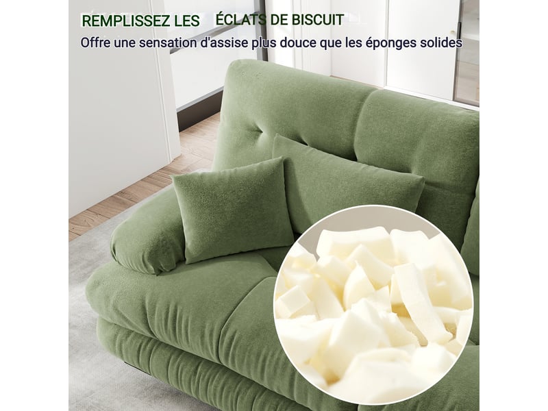  Canapé d'angle en chenille - 220x77x81 cm - vert - 2 coussins lombaires - 2 coussins décoratifs - cadre en bois massif  - Conforama R