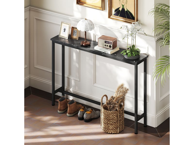  Console étroite avec plateau effet marbre et structure en métal 100 x 20 x 66 cm noir  - Conforama C