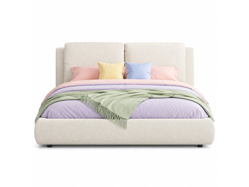  Lit coffre double 180 x 200 cm beige en bouclé avec sommier à lattes et tête de lit  - Conforama A