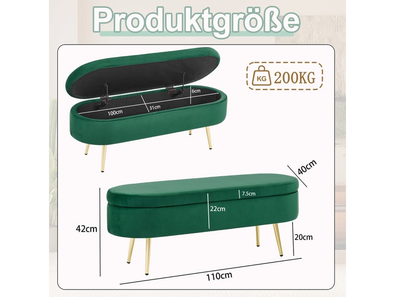  Banquette de rangement 110x40x42 cm vert foncé en velours, coffre 20 l avec couvercle hydraulique  - Conforama C