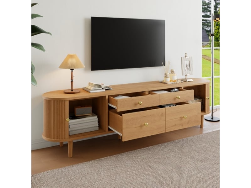  Meuble tv design arrondi, structure ondulée 3d, portes coulissantes, 4 tiroirs, pieds bois, poignées métal  - Conforama D