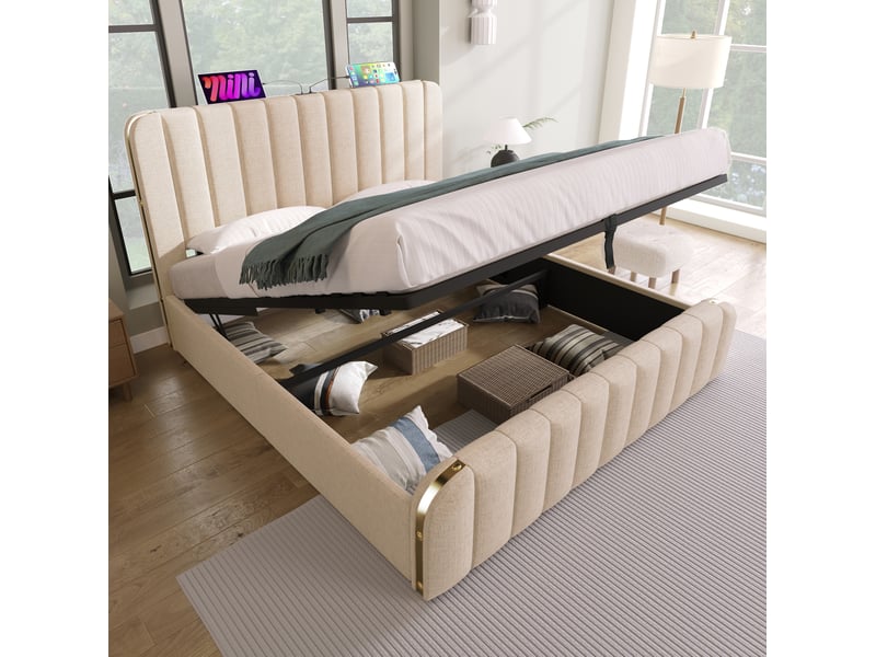  Lit adulte coffre rangement 180x200 lin beige matelas charge usb type c integre homvra  - Conforama D