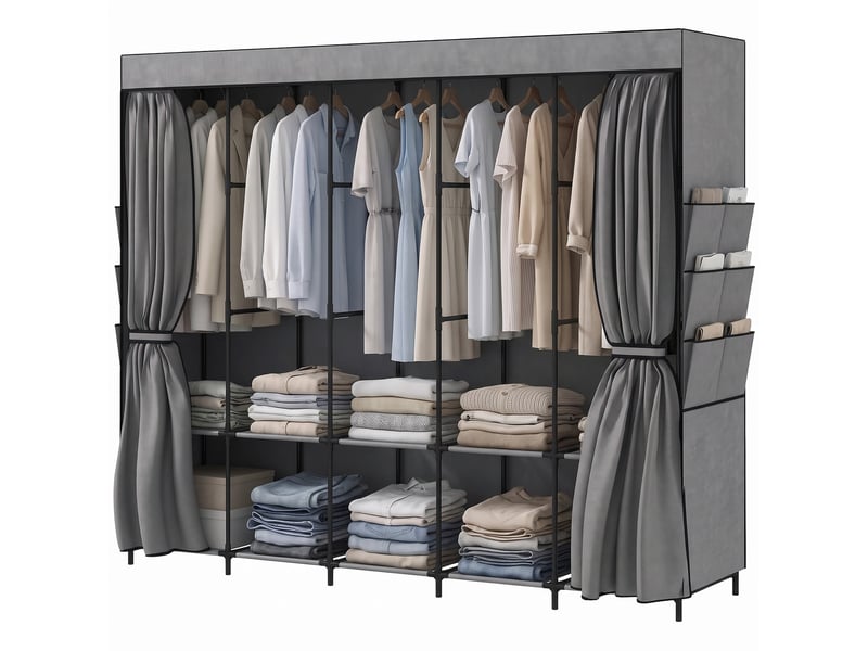  Armoire en tissu avec 5 tringles, 5 étagères, 6 poches latérales, fermeture éclair, structure en acier, 212 x 45 x 167 cm, grise  - Conforama B
