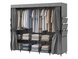 Armoire en tissu avec 5 tringles, 5 étagères, 6 poches latérales, fermeture éclair, structure en acier, 212 x 45 x 167 cm, grise