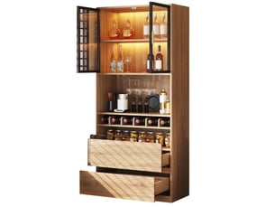 Vitrine avec portes vitrées, tiroirs, niches ouvertes et éclairage led réglable pour salle à manger, mdf naturel