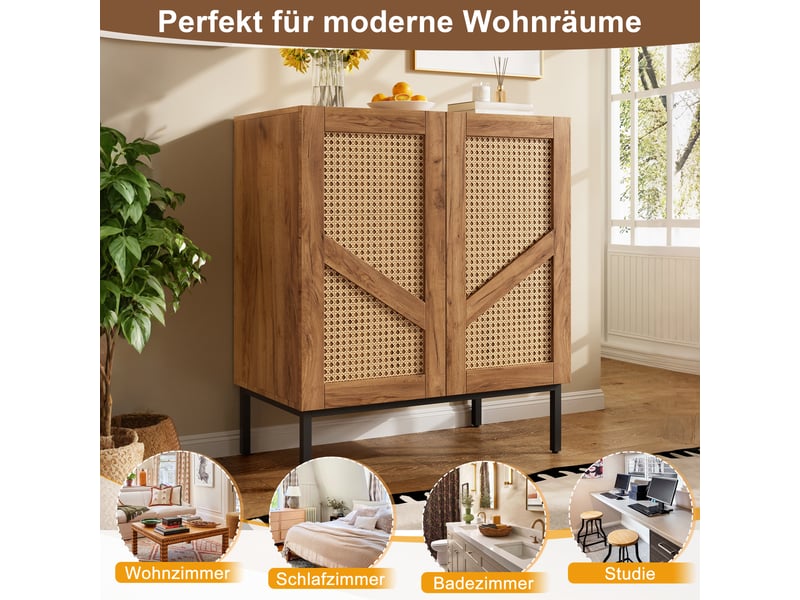 Buffet bas 70x38,5x80 cm avec 2 portes effet rotin pe, 2 étagères réglables, pieds métal, double anti-basculement, effet bois naturel - Conforama E
