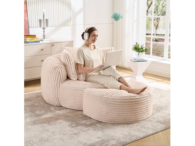 Fauteuil rond avec repose-pieds mobile et 5 coussins, dossier et accoudoirs enveloppants en chenille beige - Conforama D