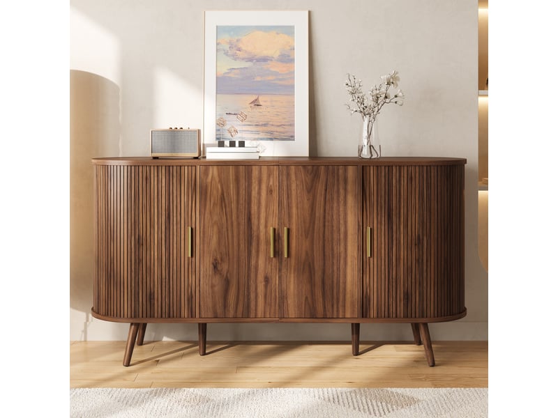  Buffet bas 150 cm en mdf décor noyer, 4 portes dont 2 coulissantes, côtés arrondis rainurés, pour salle à manger et entrée  - Conforama B
