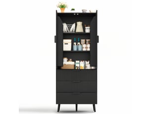 Armoire de rangement haute 2 portes 3 tiroirs avec étagères -  mdf rainuré, noire