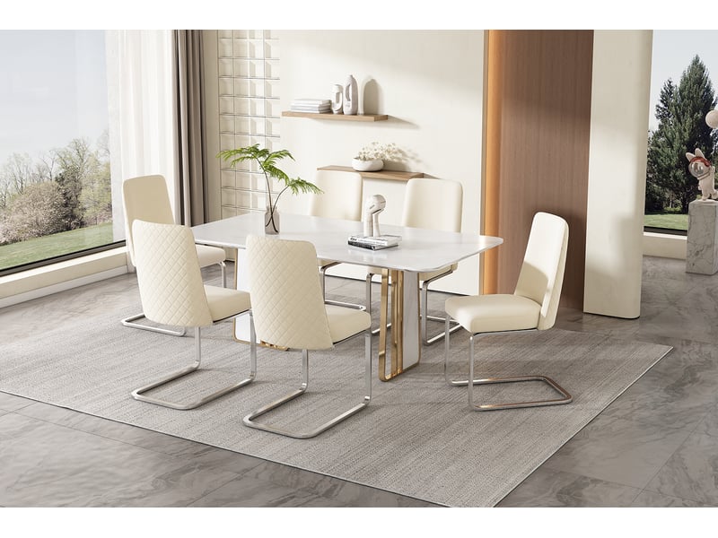 Lot de 6 chaises de salle à manger velours beige, dossier capitonné motif diamant, pieds métalliques - Conforama B