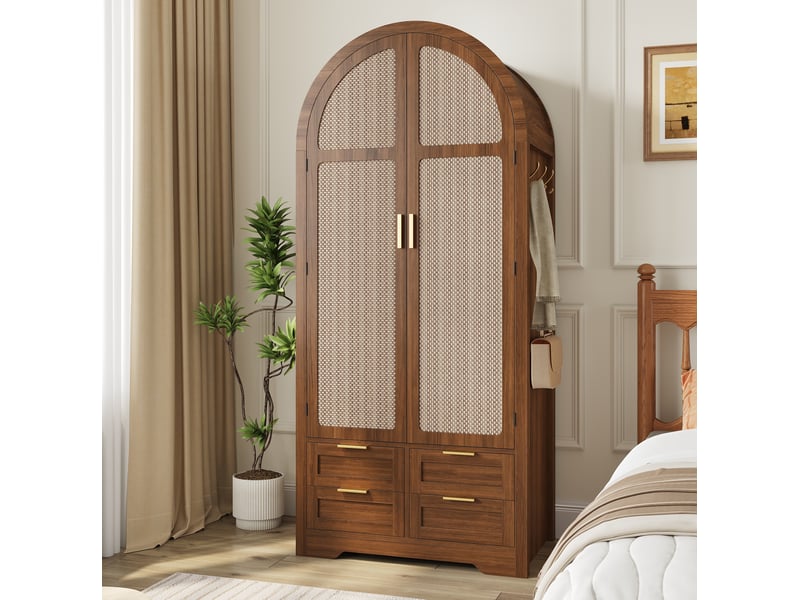  Armoire 80x50x180 cm avec portes courbes et tiroirs en mdf, finition noyer  - Conforama D