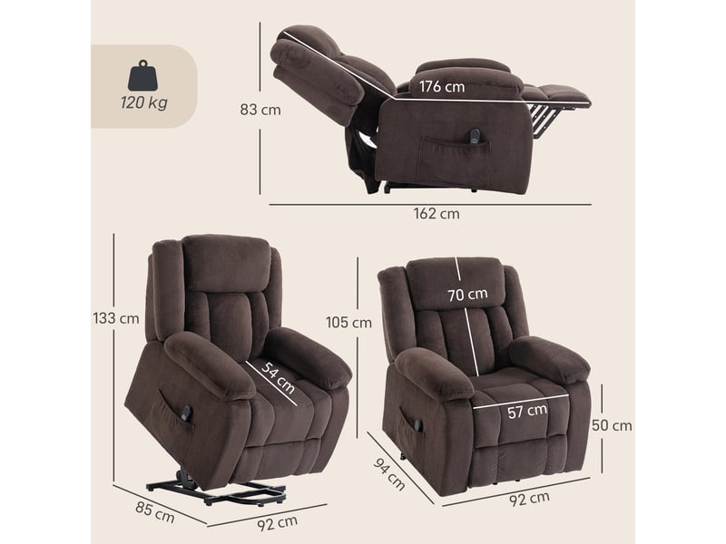  Fauteuil releveur électrique, fauteuil relax électrique en velours, dossier inclinable, port usb, assise large, marron  - Conforama C