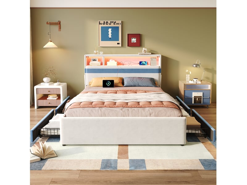 Lit double 140x200 cm avec 4 tiroirs, led et usb, velours blanc et bleu, sans matelas - Conforama B