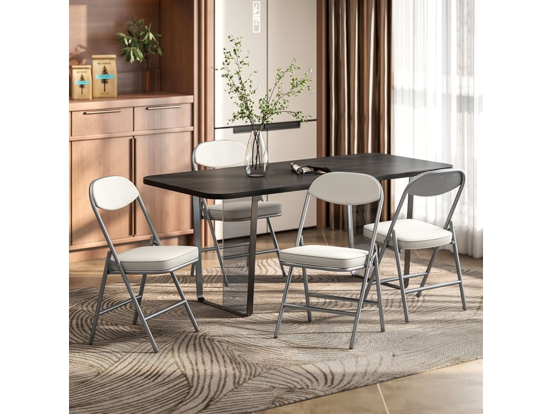  Set de 4 chaises pliantes rembourrées en velours côtelé blanc crème avec dossier et cadre métal  - Conforama D