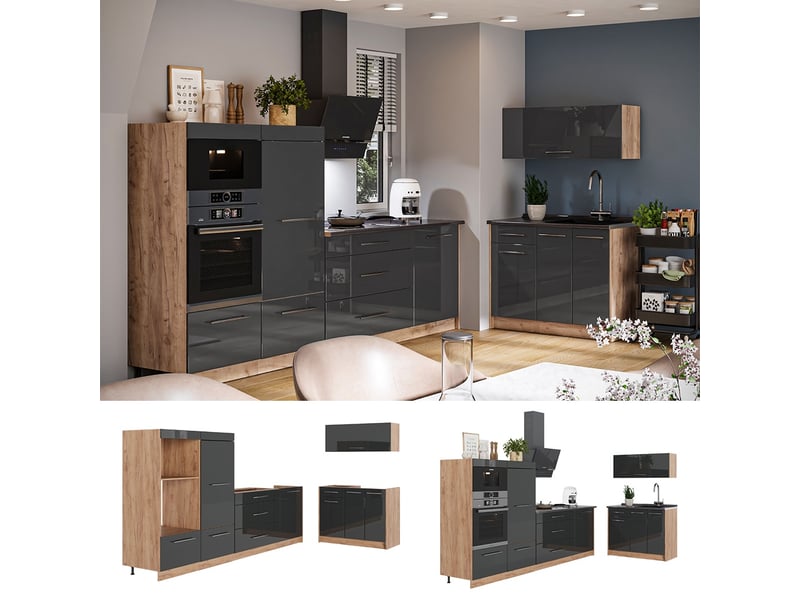Vicco cuisine, anthracite haute brillancechêne de force doré, 380cm, pt chêne - Conforama D