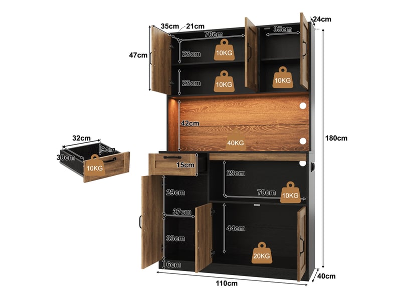  Armoire de rangement haute cuisine avec éclairage led et prises, buffet 6 portes et 1 tiroir, vitrine pour salon et salle à manger, 110 × 40 × 180 cm  - Conforama C