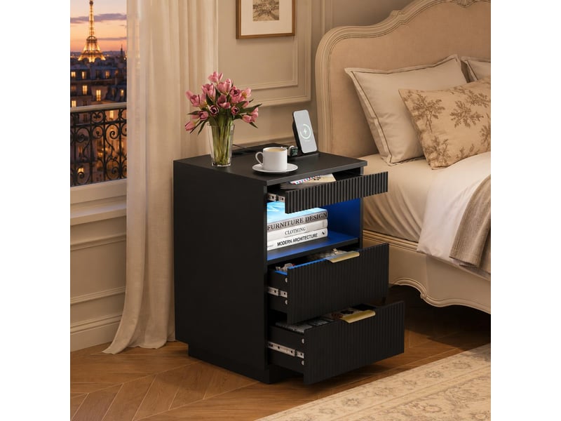  Table de chevet 40x40x60 cm, table de nuit avec station de charge usb c et led rgb, compartiment caché, avec 2 tiroirs et niche de rangement, noir  - Conforama B