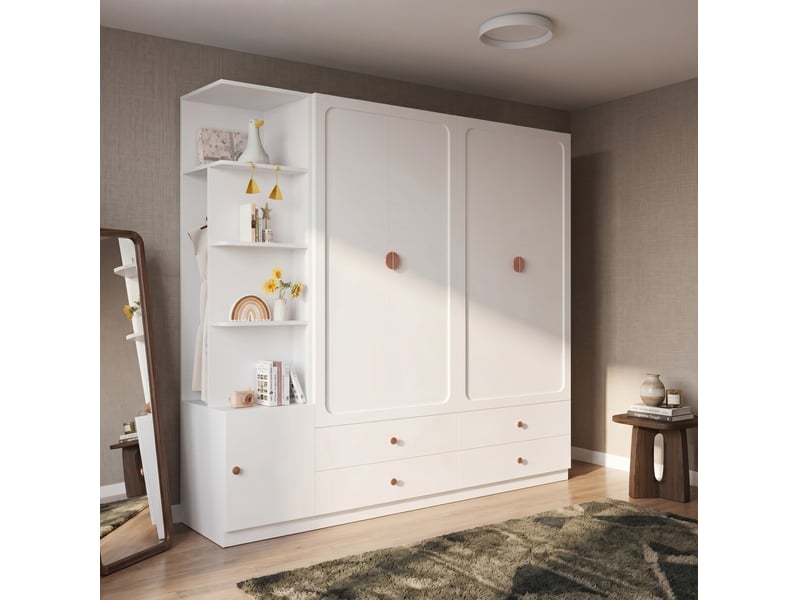 Armoire à portes battantes avec 3 tringles, 4 tiroirs et rangement ouvert pour chambre en blanc 225 × 45 × 200 cm - Conforama E