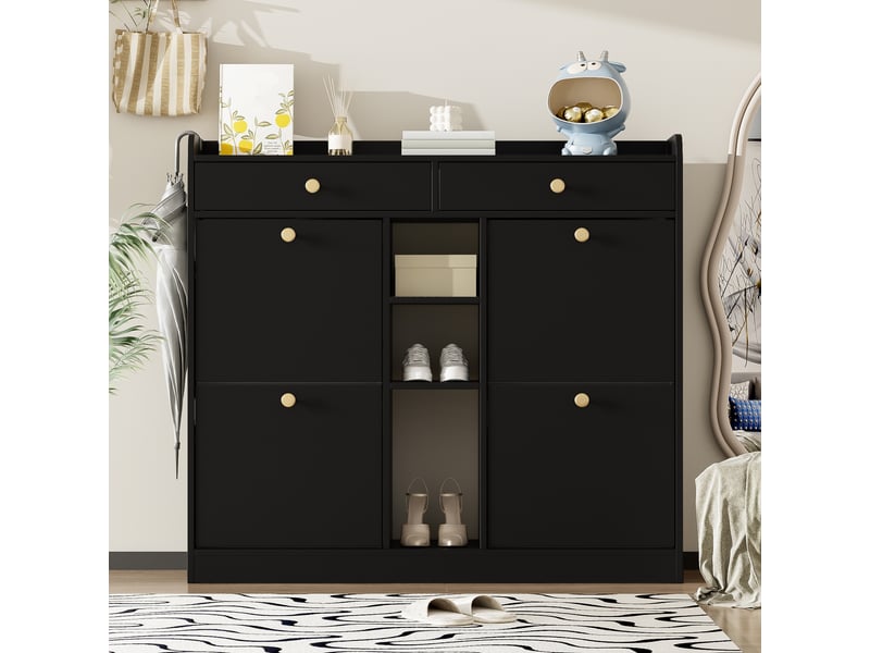  Meuble à chaussures avec 4 portes abattantes, 2 tiroirs et 3 niches pour entrée 110×26×100 cm noir  - Conforama C