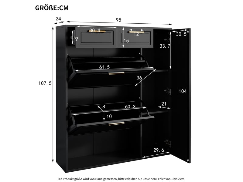  Meuble à chaussures ulevr avec rangement, 2 tiroirs et étagères réglables, 95 x 24 x 107 cm, panneaux de particules mdf, noir  - Conforama C