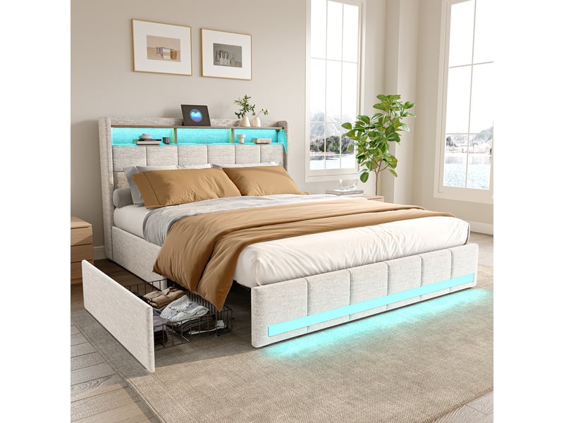 Lit 2 places 180x200 cm - lit capitonné avec led et usb - lit adulte avec 4 tiroirs - lit de rangement avec sommier à lattes - lin beige - Conforama W